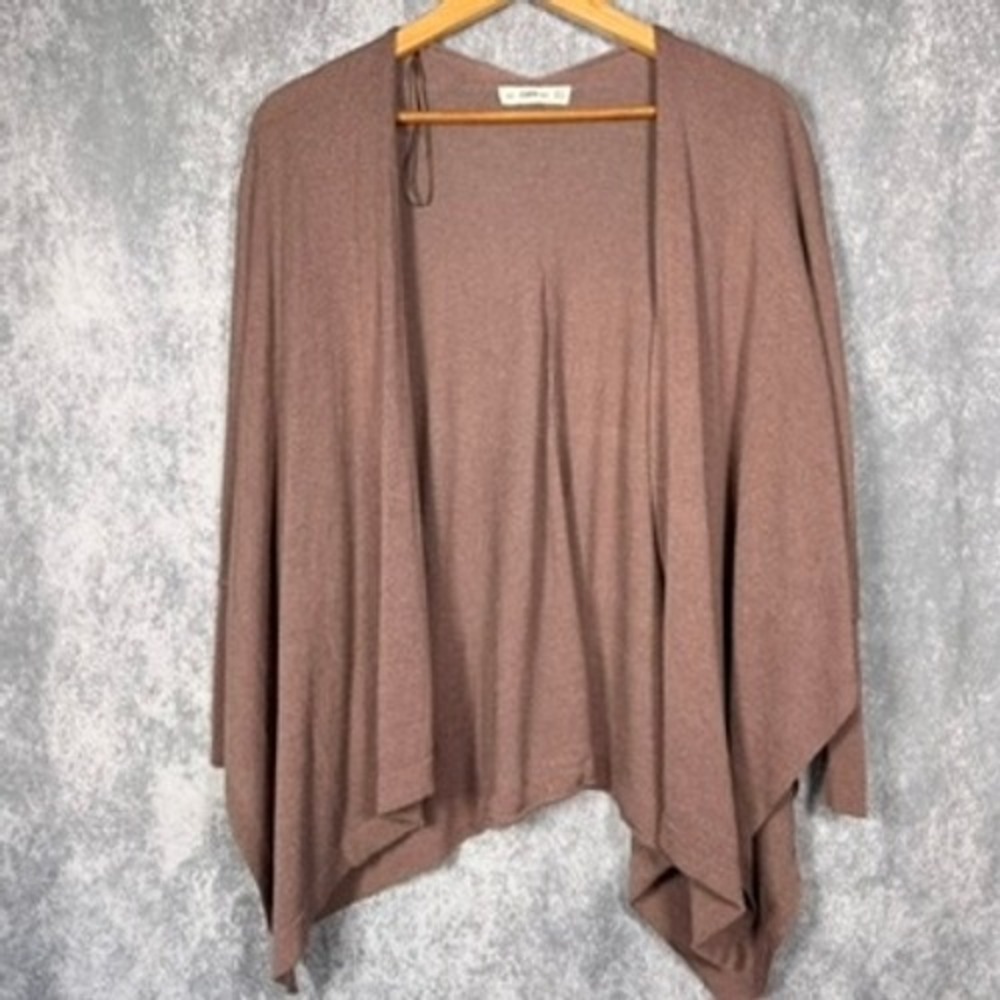 Zara Knit Cardigan Women Medium Mauve Brown Open Front Draped Asymmetrical Hem